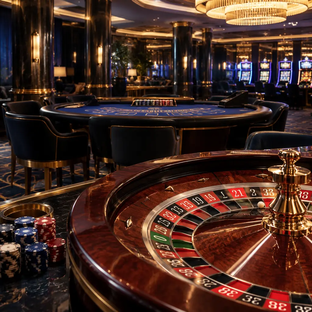 Ruang kasino dengan roulette dan meja blackjack