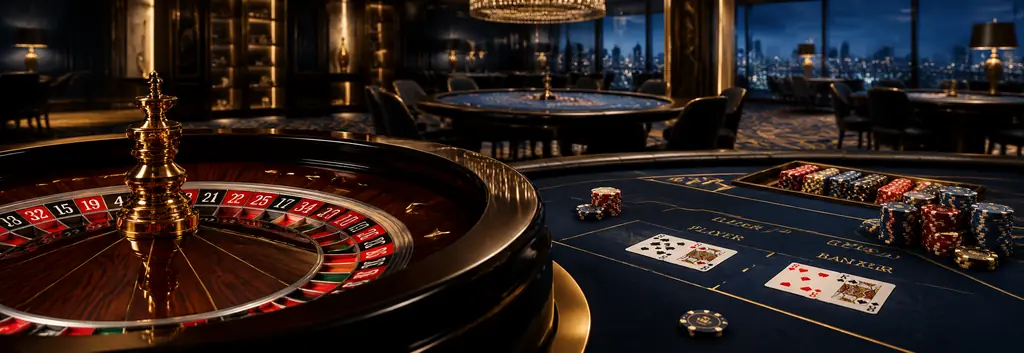 Meja roulette dan kartu dalam ruang kasino bernuansa gelap